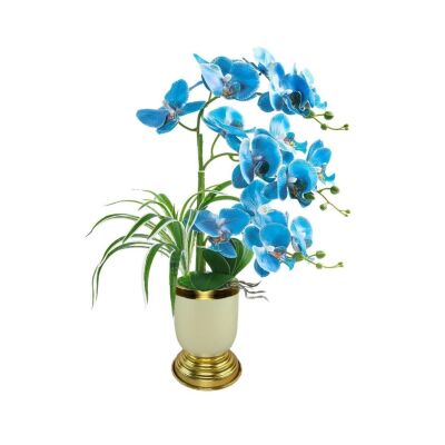 Yapay Çiçek 3Lü Mavi Orkide Metal Krem Gold Saksıda Orkide 60Cm