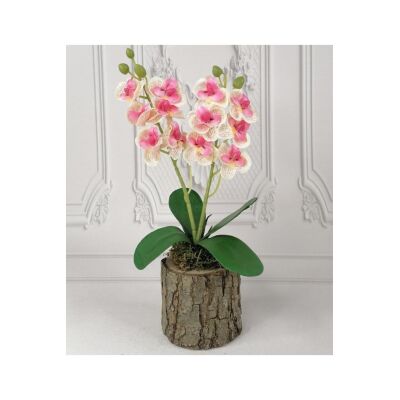 Yapay Çiçek Ahşap Kütük Saksılı Açık Pembe Mini Yapay Orkide Dekoratif Hediye