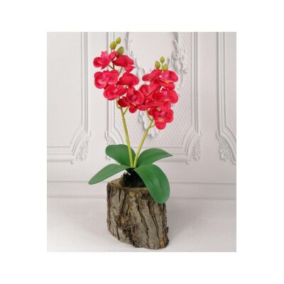 Yapay Çiçek Ahşap Kütük Saksılı Kırmızı Mini Yapay Orkide Dekoratif Hediye