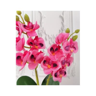 Yapay Çiçek Ahşap Kütük Saksılı Koyu Pembe Mini Yapay Orkide Dekoratif Hediye