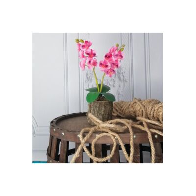 Yapay Çiçek Ahşap Kütük Saksılı Koyu Pembe Mini Yapay Orkide Dekoratif Hediye
