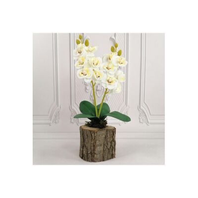 Yapay Ahşap Kütük Saksılı Mini Orkide 3 Lü Set Dekoratif Hediye