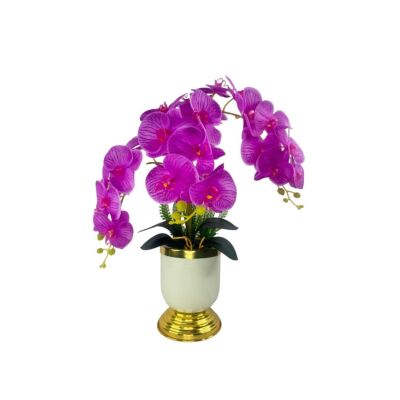 Yapay Çiçek 3Lü Fuşya Orkide Metal Krem Gold Saksıda Orkide 60Cm