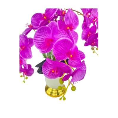 Yapay Çiçek 3Lü Fuşya Orkide Metal Krem Gold Saksıda Orkide 60Cm