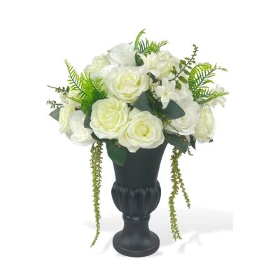 Yapay Çiçek Aranjmanı Siyah Cam Kupa Vazoda Beyaz Gül Şakayık Nişan Çiçeği İsteme Çiçeği