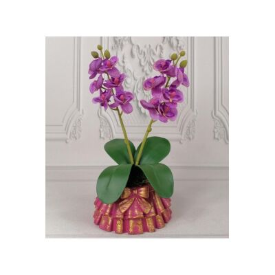 Beton Saksılı Yapay Orkide Pileli Etek Saksılı Lila Mini Yapay Orkide