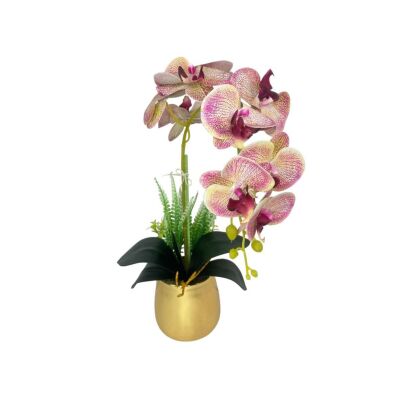 Yapay Çiçek Pembe Çilli Islak Orkide Gold Metal Saksıda Seramik Saksıda Orkide 60Cm
