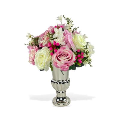 Yapay Çiçek Aranjmanı Pembe Beyaz Gül Ve Kokinalı Gümüş Cam Kupa Vazoda Nişan Çiçeği Isteme Çiçeği