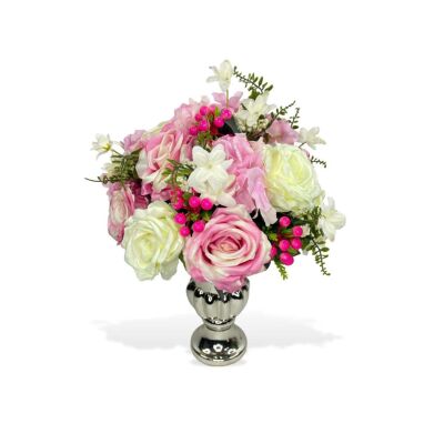 Yapay Çiçek Aranjmanı Pembe Beyaz Gül Ve Kokinalı Gümüş Cam Kupa Vazoda Nişan Çiçeği Isteme Çiçeği