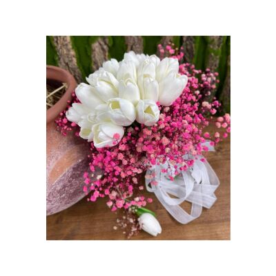 Gelin Çiçeği Yapay Çiçek Beyaz Islak Lale Ve Pembe Cipso Aranjmanı Gelin Buketi