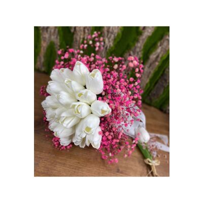 Gelin Çiçeği Yapay Çiçek Beyaz Islak Lale Ve Pembe Cipso Aranjmanı Gelin Buketi