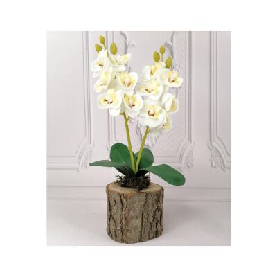 Yapay Çiçek Ahşap Kütük Saksılı Beyaz Mini Yapay Orkide Dekoratif Hediye