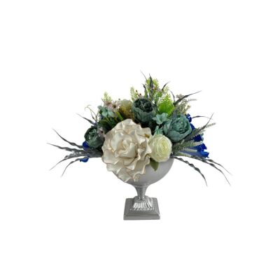 Yapay Çiçek Ve Latex Aranjmanı Metal Gümüş Vazolu Masa Üstü Çiçeği Arajman 94179