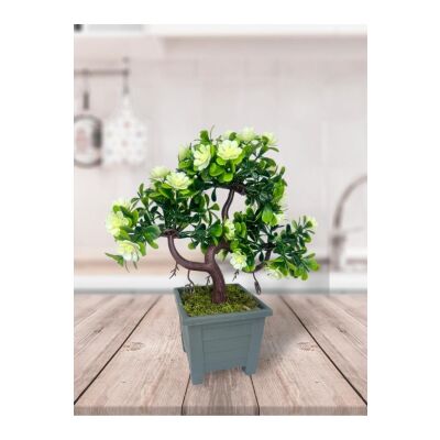 3Lü Set Yapay Çiçek Bonsai Ağacı Çiçekli Model Dekoratif Yapay Ağaç Bonzai 30*15 Cm Siyah Kare Saksı