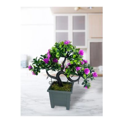 3Lü Set Yapay Çiçek Bonsai Ağacı Çiçekli Model Dekoratif Yapay Ağaç Bonzai 30*15 Cm Siyah Kare Saksı