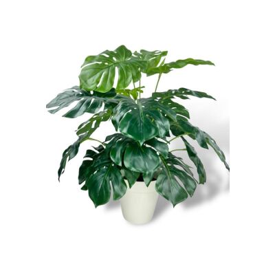 Yapay Çiçek Krem Saksıda Monstera Deve Tabanı Yeşil Doğal Dokulu 18Dal 50Cm Salon Çiçeği Yapay Bitki