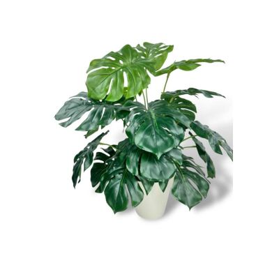 Yapay Çiçek Krem Saksıda Monstera Deve Tabanı Yeşil Doğal Dokulu 18Dal 50Cm Salon Çiçeği Yapay Bitki