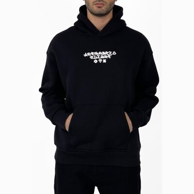 Oversize Halı Baskılı Kanguru Cepli Siyah Kapüşonlu Sweatshirt