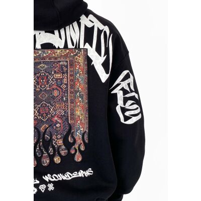 Oversize Halı Baskılı Kanguru Cepli Siyah Kapüşonlu Sweatshirt