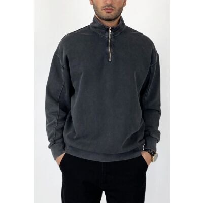 Oversize Dik Yaka Antrasit Yarım Fermuarlı Sweatshirt