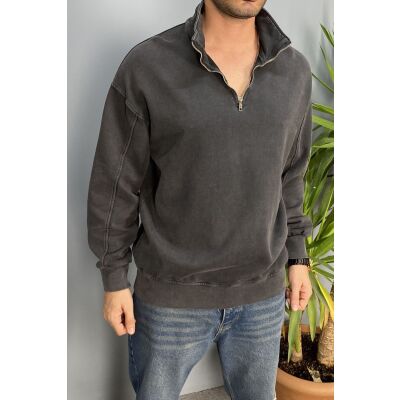 Oversize Dik Yaka Antrasit Yarım Fermuarlı Sweatshirt