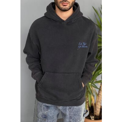 Oversize Çiçek Baskılı Cepli Antrasit Kapüşonlu Sweatshirt