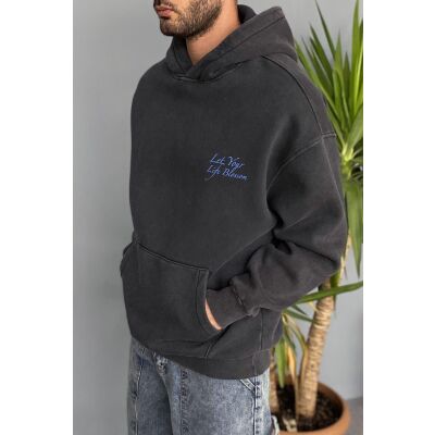 Oversize Çiçek Baskılı Cepli Antrasit Kapüşonlu Sweatshirt