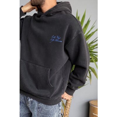 Oversize Çiçek Baskılı Cepli Antrasit Kapüşonlu Sweatshirt