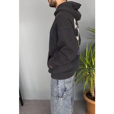 Oversize Çiçek Baskılı Cepli Antrasit Kapüşonlu Sweatshirt