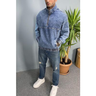 Oversize Yarım Fermuarlı Mavi Kot Sweat