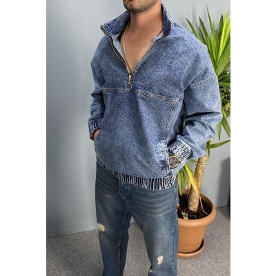 Oversize Yarım Fermuarlı Mavi Kot Sweat