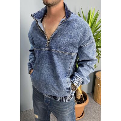 Oversize Yarım Fermuarlı Mavi Kot Sweat