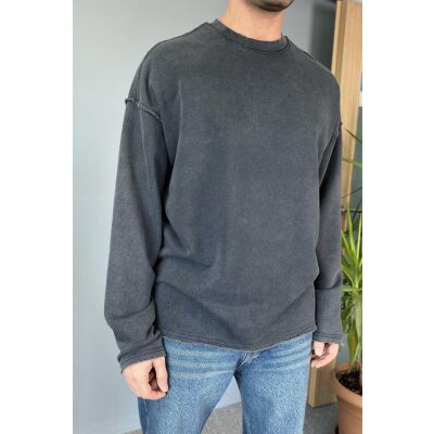 Oversize Antrasit Bisiklet Yaka Yıkamalı Sweatshirt