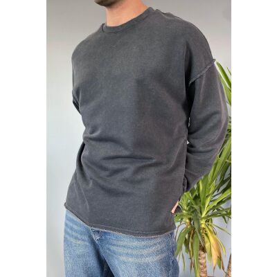 Oversize Antrasit Bisiklet Yaka Yıkamalı Sweatshirt