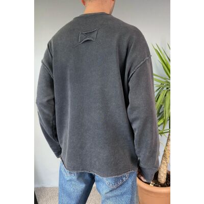 Oversize Antrasit Bisiklet Yaka Yıkamalı Sweatshirt