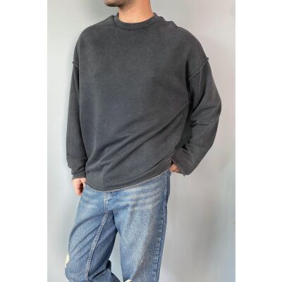 Oversize Antrasit Bisiklet Yaka Yıkamalı Sweatshirt