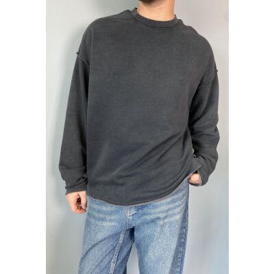 Oversize Antrasit Bisiklet Yaka Yıkamalı Sweatshirt