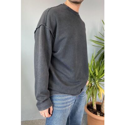 Oversize Antrasit Bisiklet Yaka Yıkamalı Sweatshirt