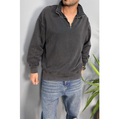 Oversize Dik Yaka Antrasit Yarım Fermuarlı Sweatshirt