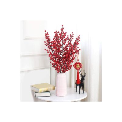 3 Adet Yapay Çiçek Kokina Uzun Dal 63Cm Yılbaşı Çiçeği Red Berry